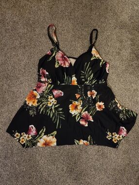 Kona Sol Black Floral Swim Top Tankini 16 W